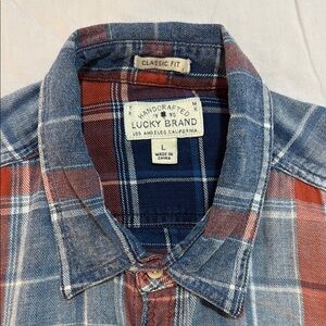 Lucky Brand Casual Classic Fit Plaid Button Down Shirt Light Blue and Red